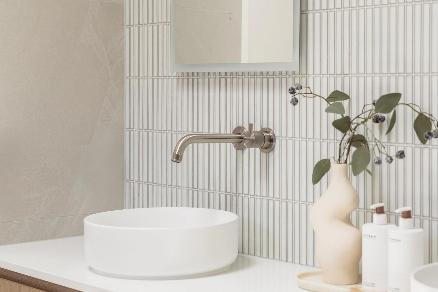 Brushed Nickel vs Chrome Tapware Namika Reeded Wall Mounted Spout