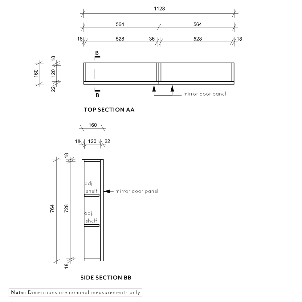 Myra 2-Door Mirror Cabinet Recessed - 1128mm - Specifications 1