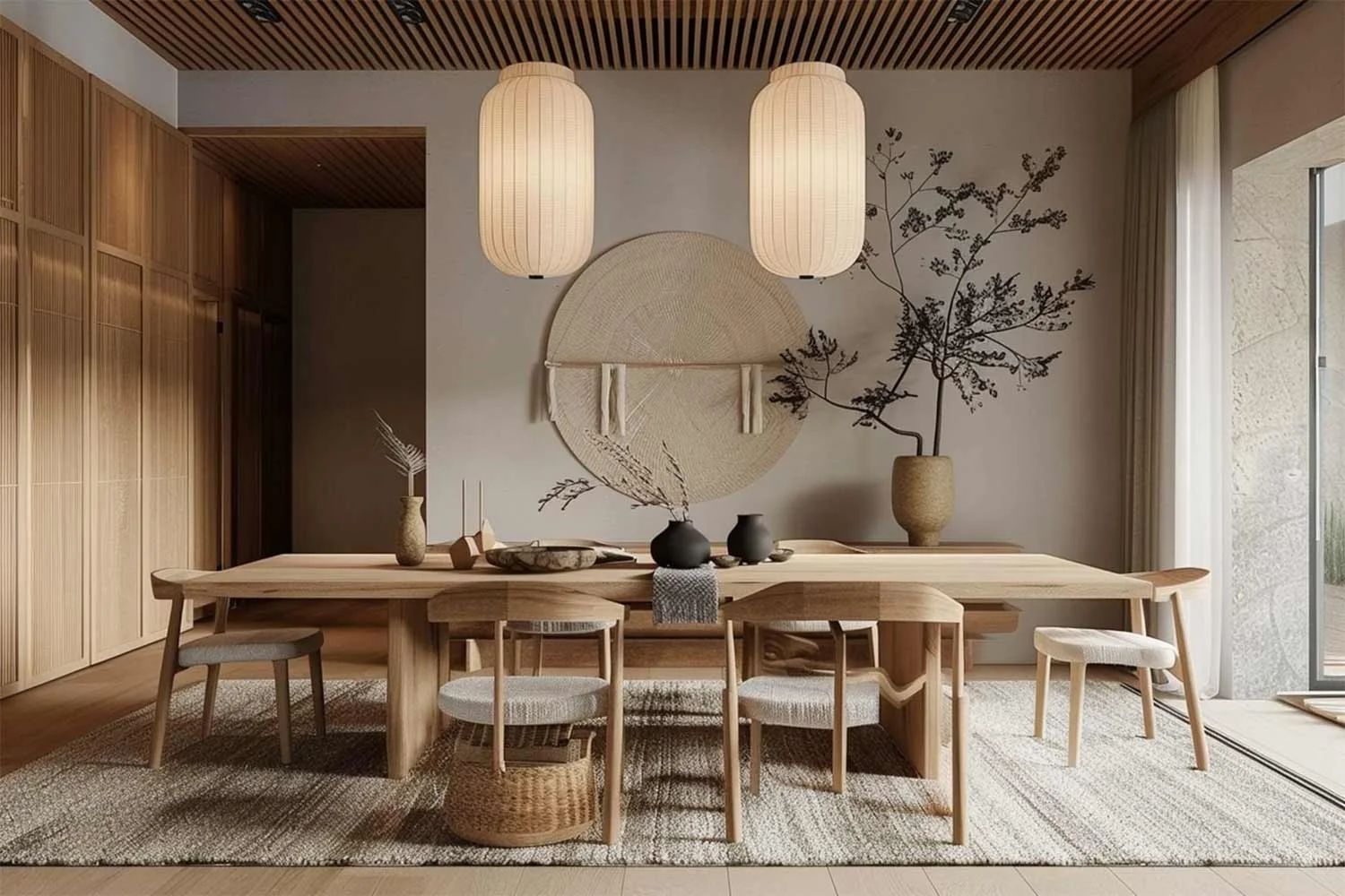Japandi-Style-Open-Plan-Dining-Area-Jute-Rug-Lantern-Pendants-Timber-Cabinetry-Dining-Table-Chairs
