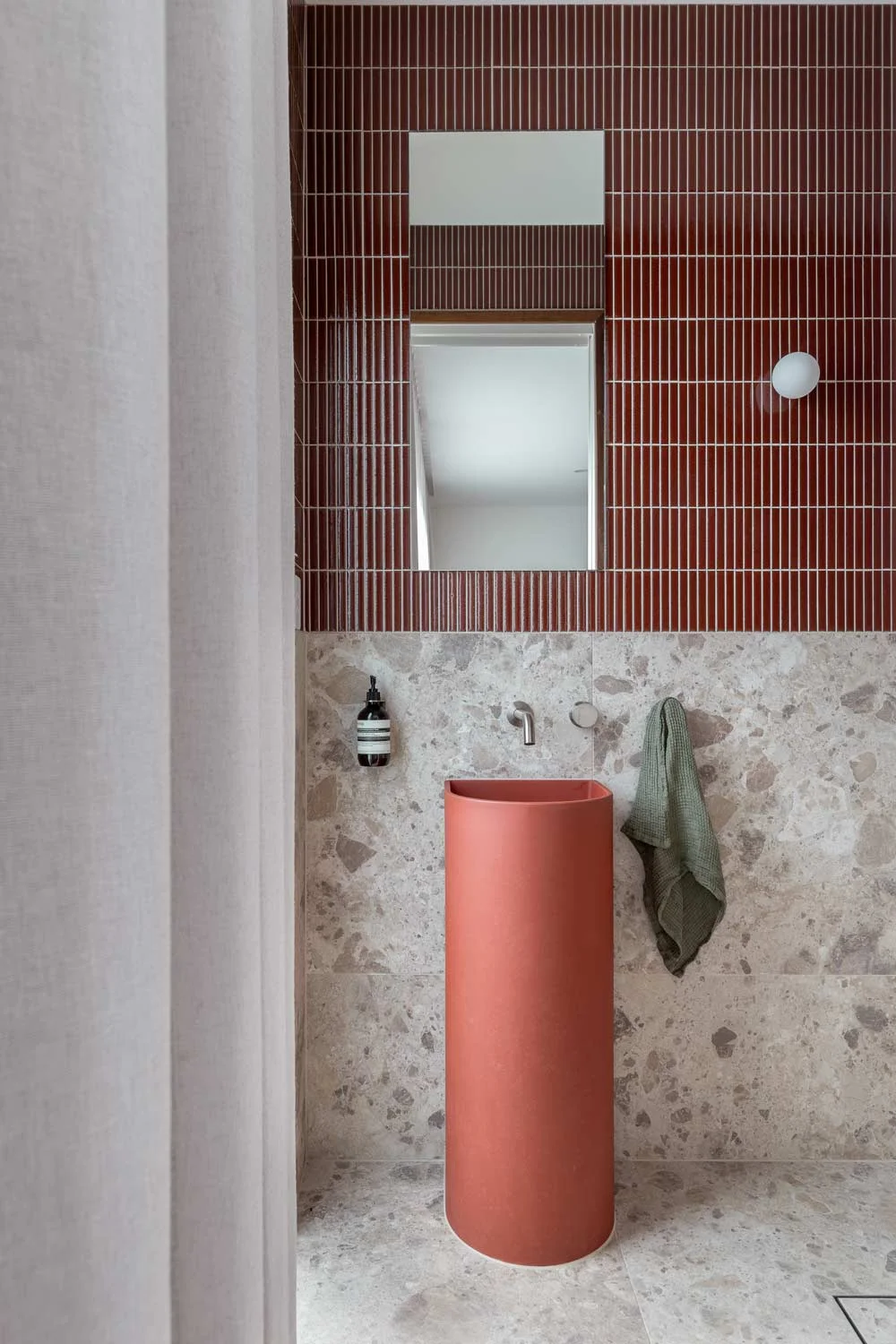 Tile-Trends-Red-Kit-Kat-Tiles-Red-Pedestal-Concrete-Basin-Brushed-Nickel-Wall-Mounted-Spout