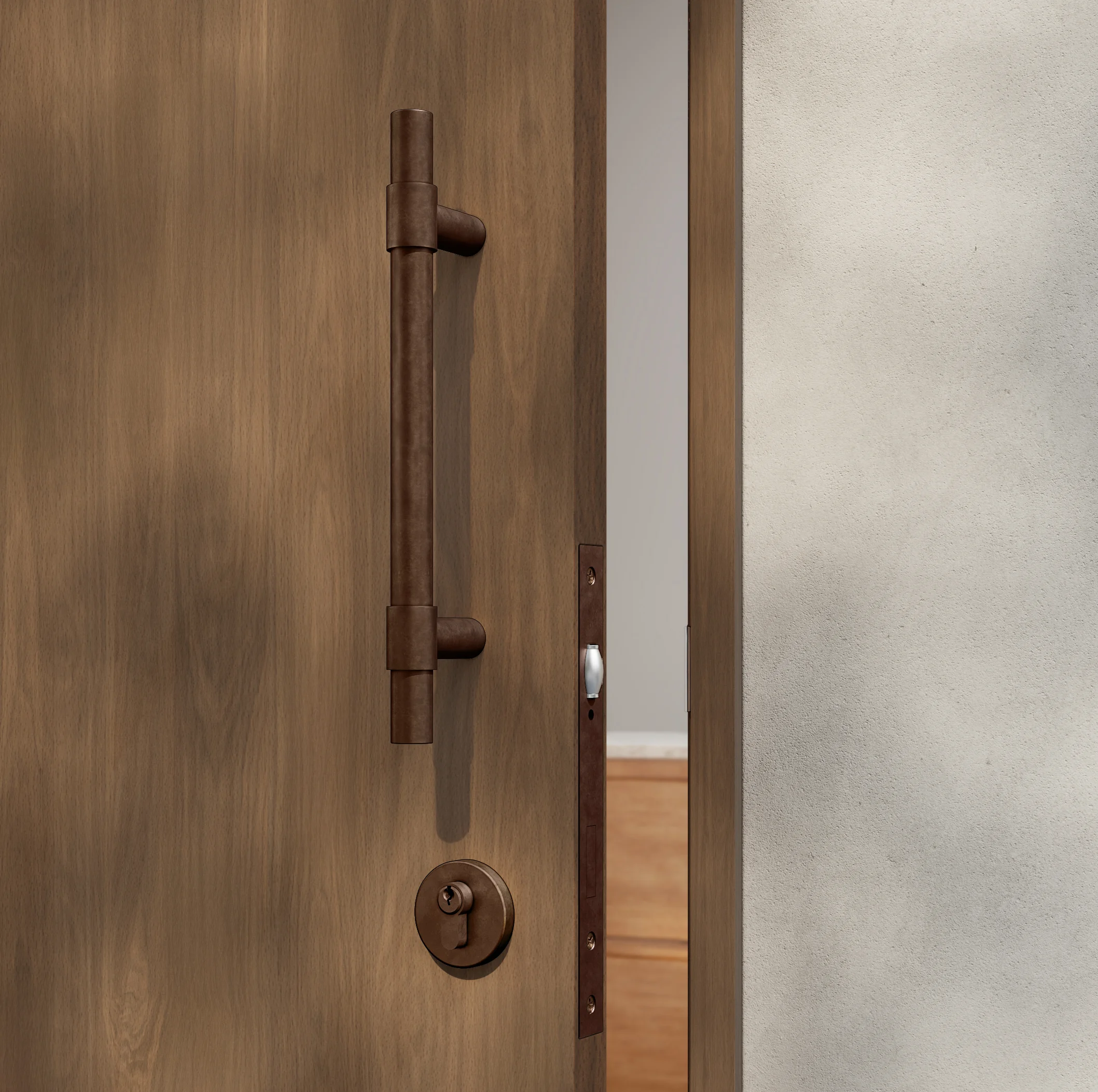 Antique%20Collection Hardware-Insetting EntryDoorPull Key%20Euro%20Cylinder CloseUpView%2001 Bronze