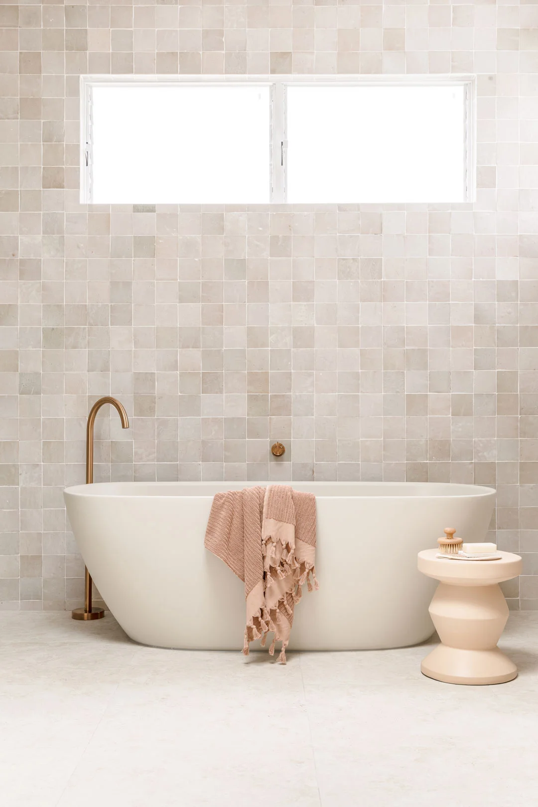modern mediterranean bath with brushed copper bath filler