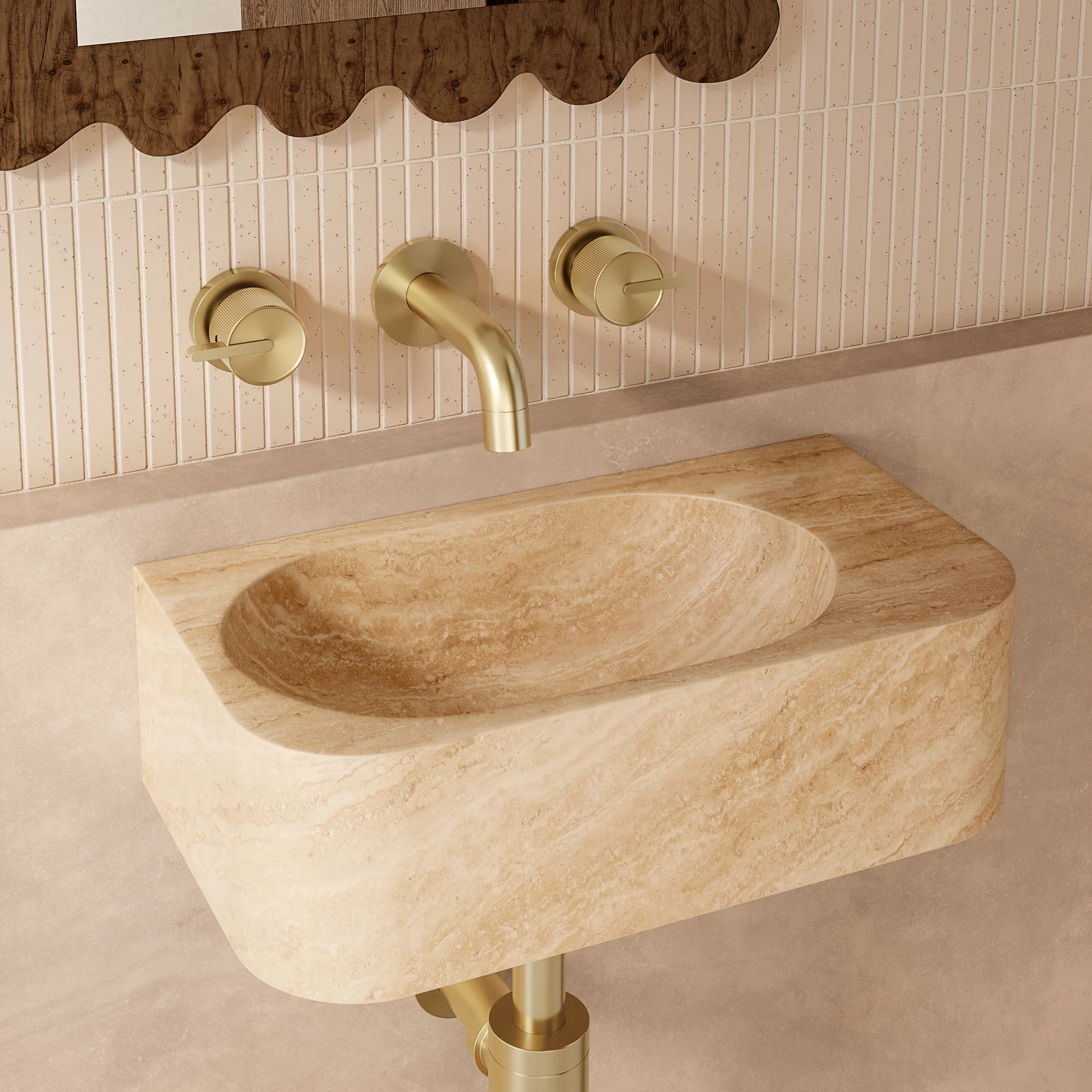 Pedra Wall Mounted Basin 400mm Beige Travertine V2