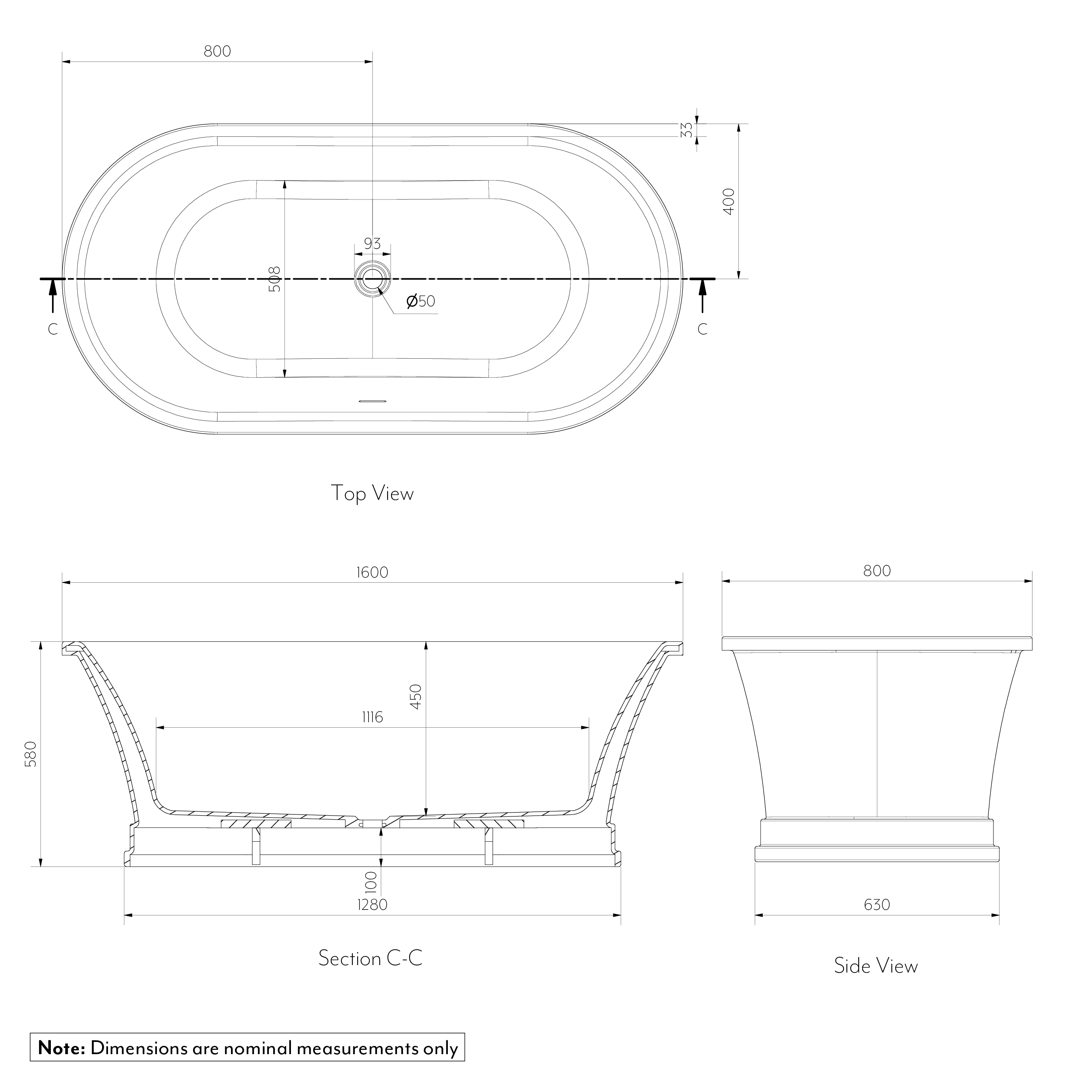 Kingsley Acrylic Freestanding Bath 1600mm - Spec