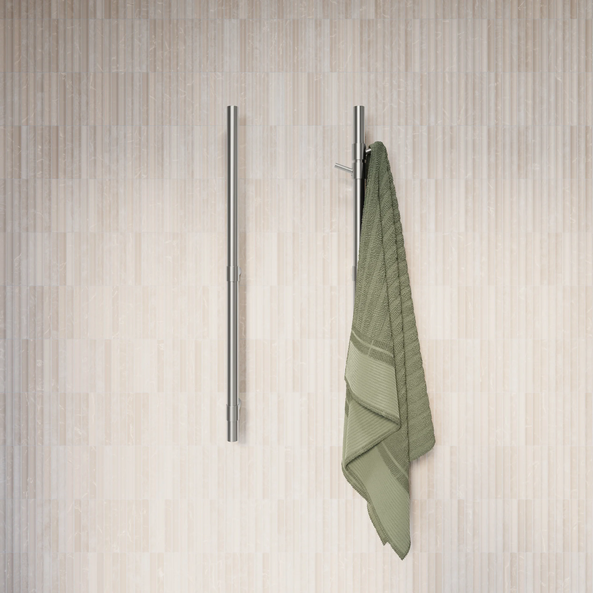ModiAdjHeatedTowelRail Final View02 HooksClosup SS 01