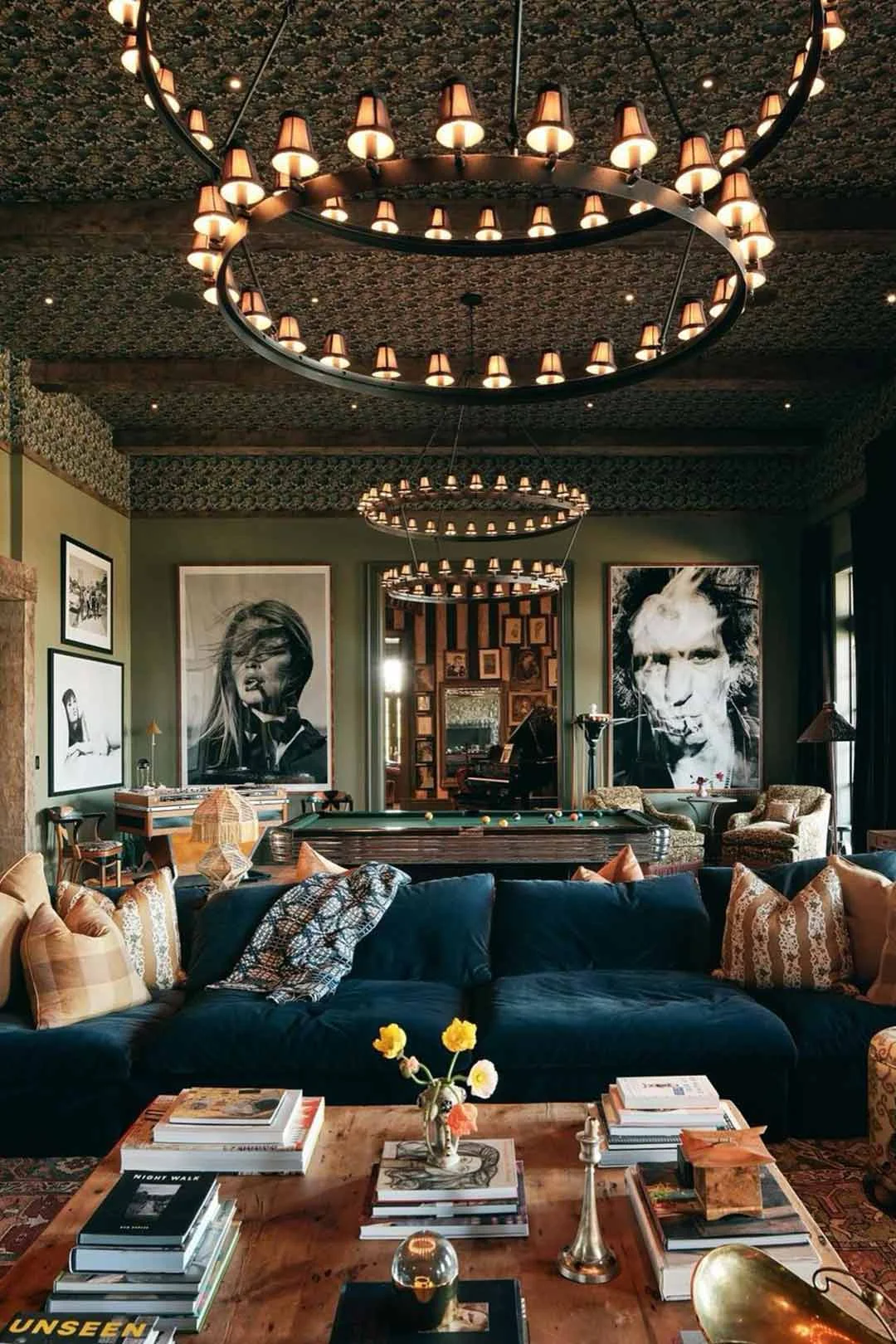 maximalist-interior-design-moody-dark-pool-room-chandeliers