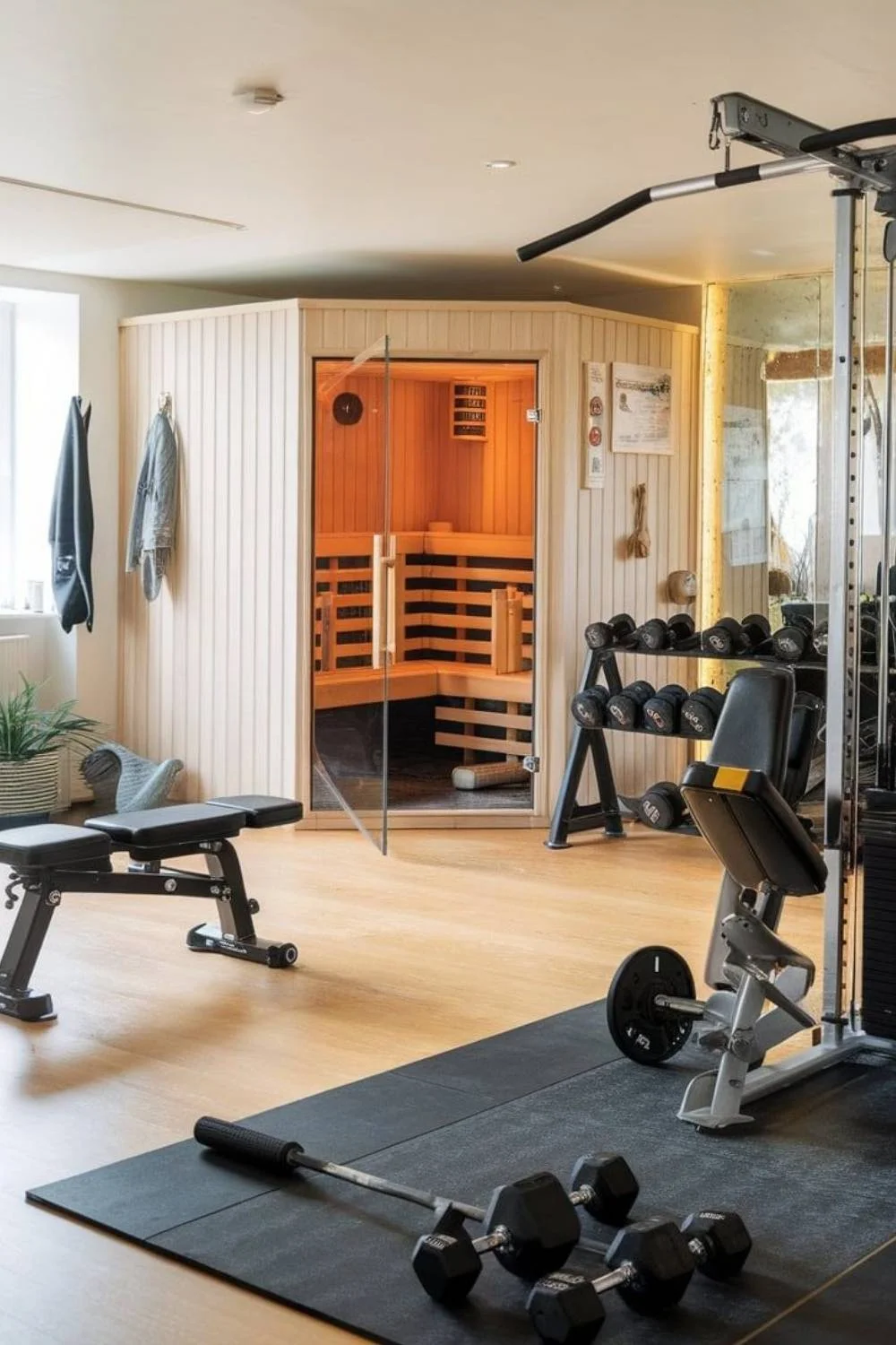 Home Gym With Sauna in Corner Equiptment Weights