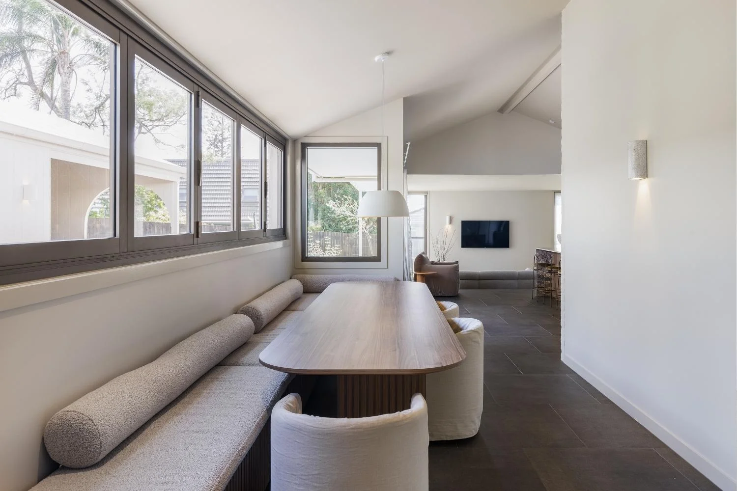 Banquette Seating Long Grey Neutral Palette 