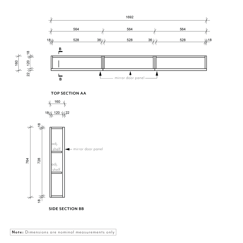 Myra 3-Door Mirror Cabinet Recessed - 1692mm - Specifications 1