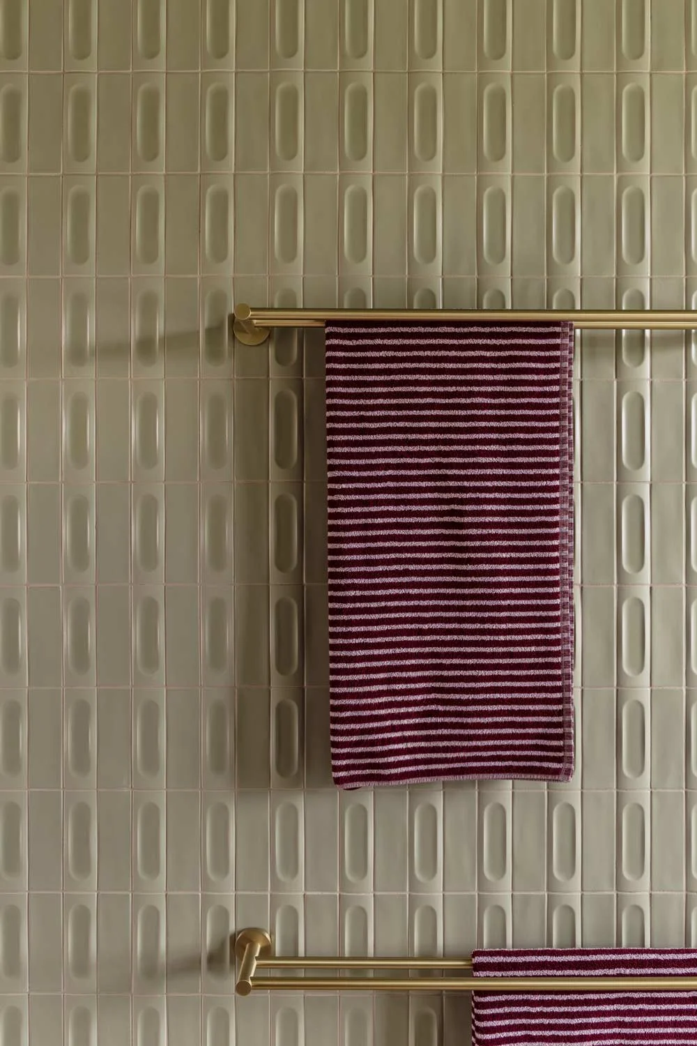 Tile-Trends-3D-Tile-Texture-Sage-Green-Rectangle-Feature-Wall-Brushed-Brass-Towel-Rail