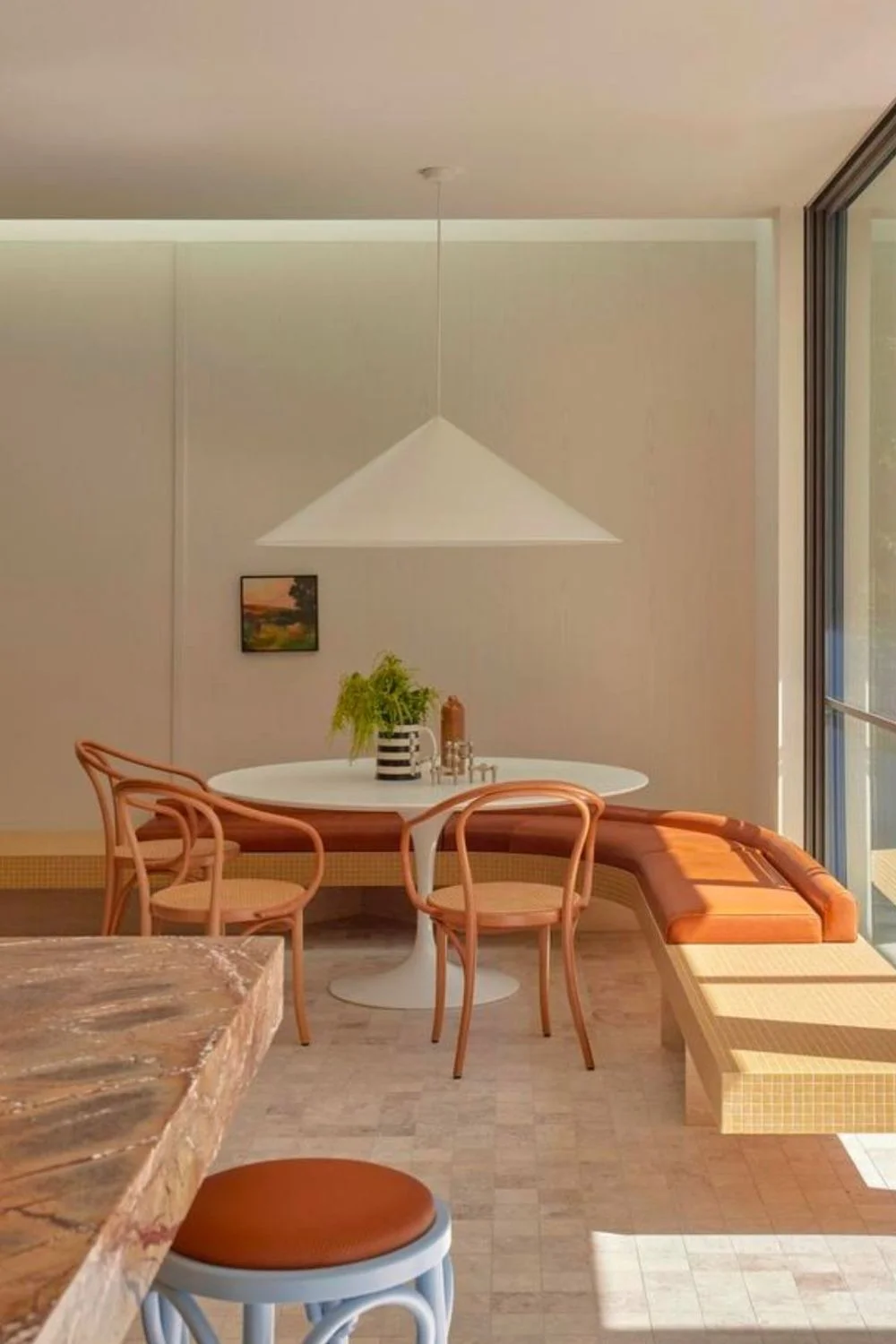 Banquette Seating Orange Yellow Bold Warm Tiles