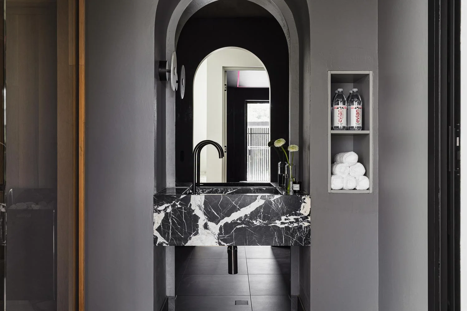 Monochrome-Dark-Powder-Room-Corchia-Marble-Brushed-Gunmetal