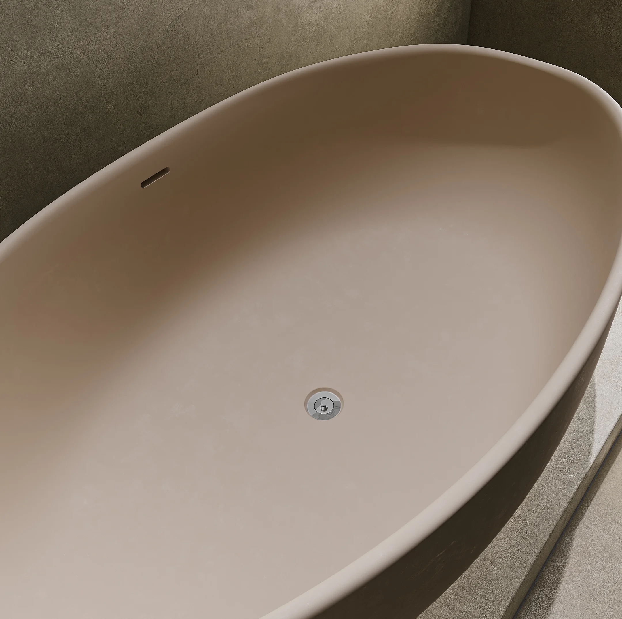 Melia%20Concrete%20Bath Almond%20Bath%20Waste Insetting Close%20Up Chrome