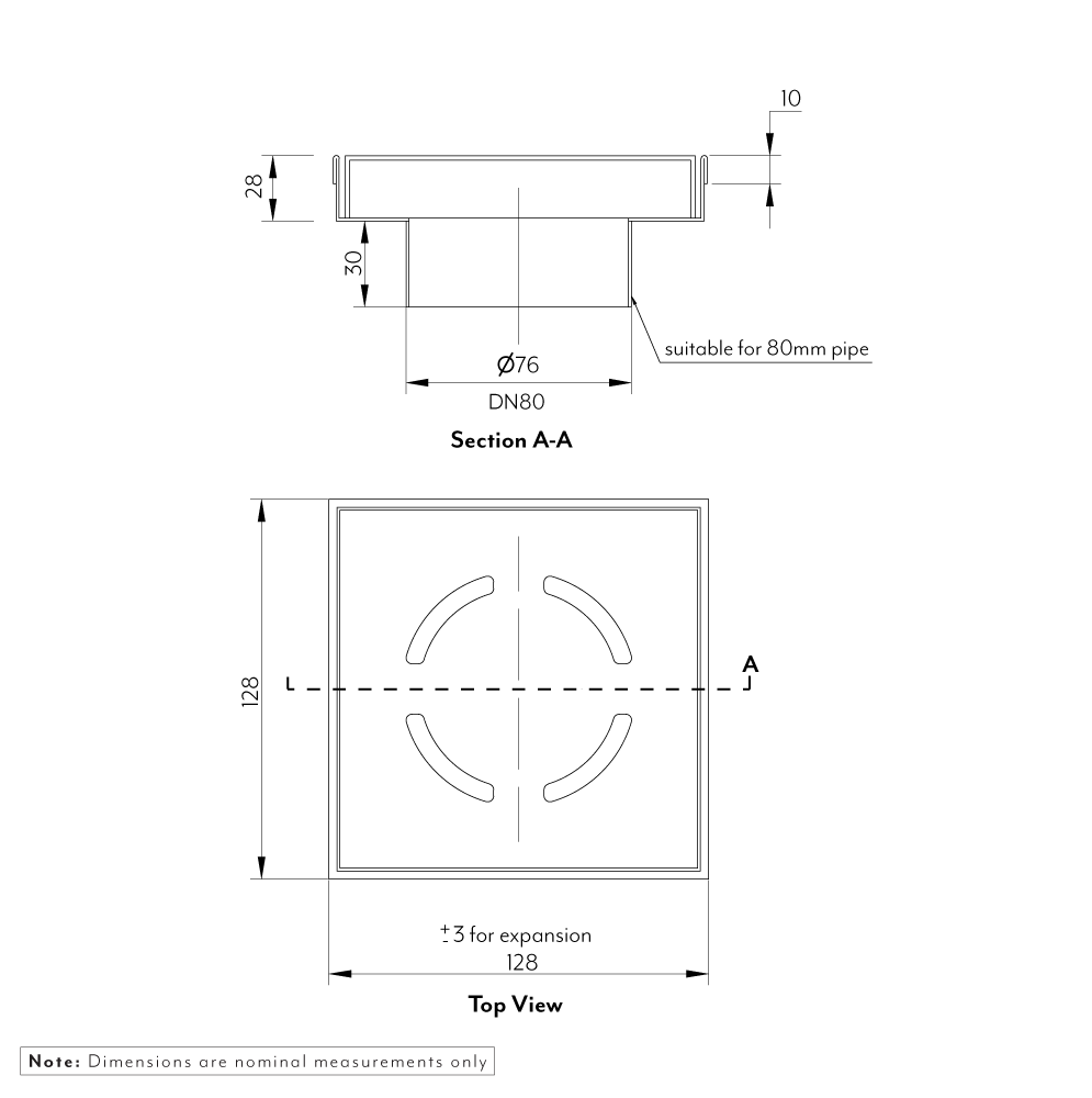 Harper Square 125mm Floor Waste - Brushed Brass - Specifications 1